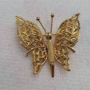 Vintage Monet Gold-Tone Filigree Butterfly Brooch Pin 3D